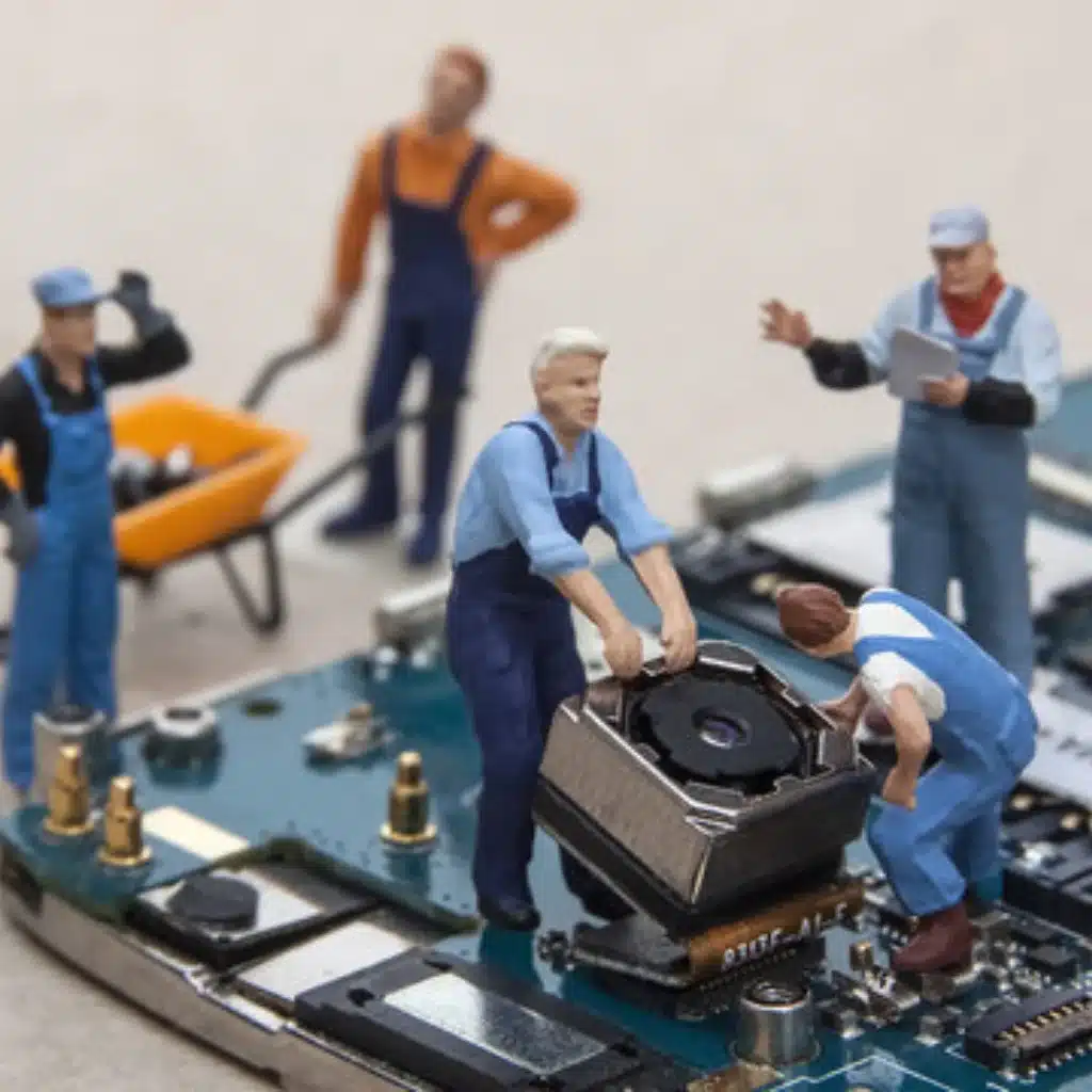 Miniature technicians working on computer parts